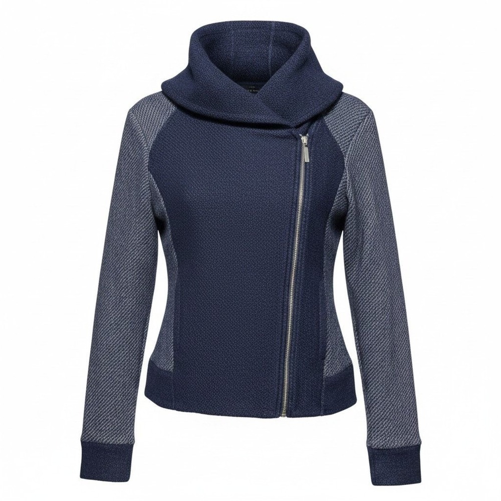 Lucky Brand Moto Jacket Women Medium Blue Asymmetric Zip Hooded Knit Sweater